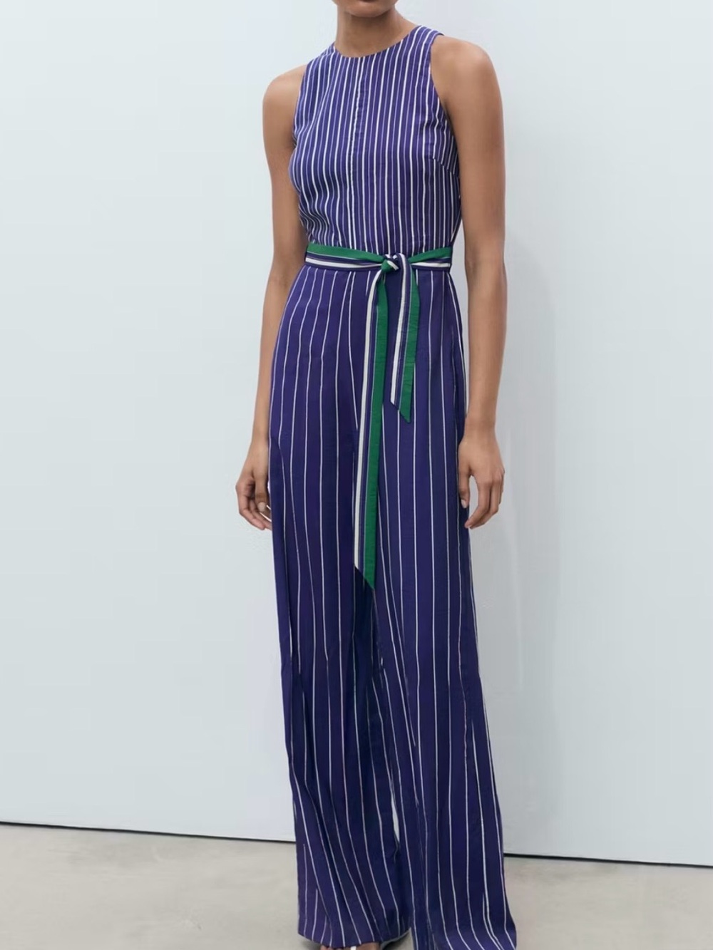 Mango Sleeveless Navy and White Pinstripe Jumpsuit with Green Waist Tie